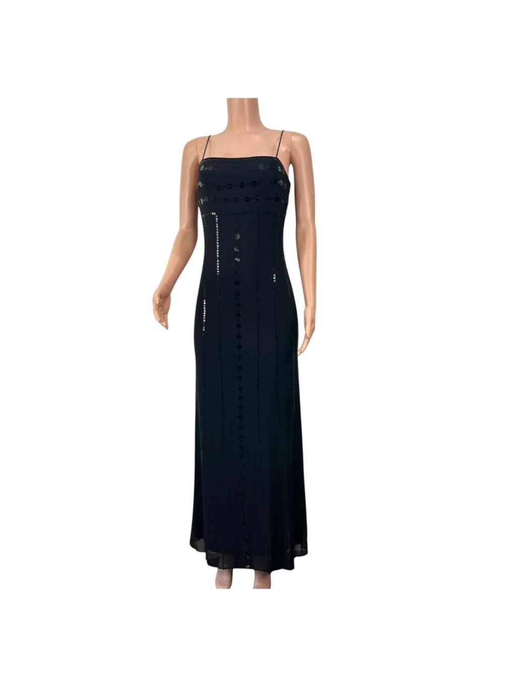 RIMINI By Shaw Vintage Black Sequined Spaghetti Strap Maxi Dress 6 Purple Lined